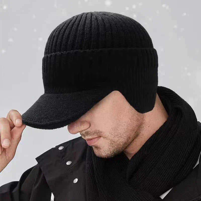 Ear Flaps Cap Knit Brim Ski Hat Winter Warm Stretch Beanie Outdoor Men Women Hat