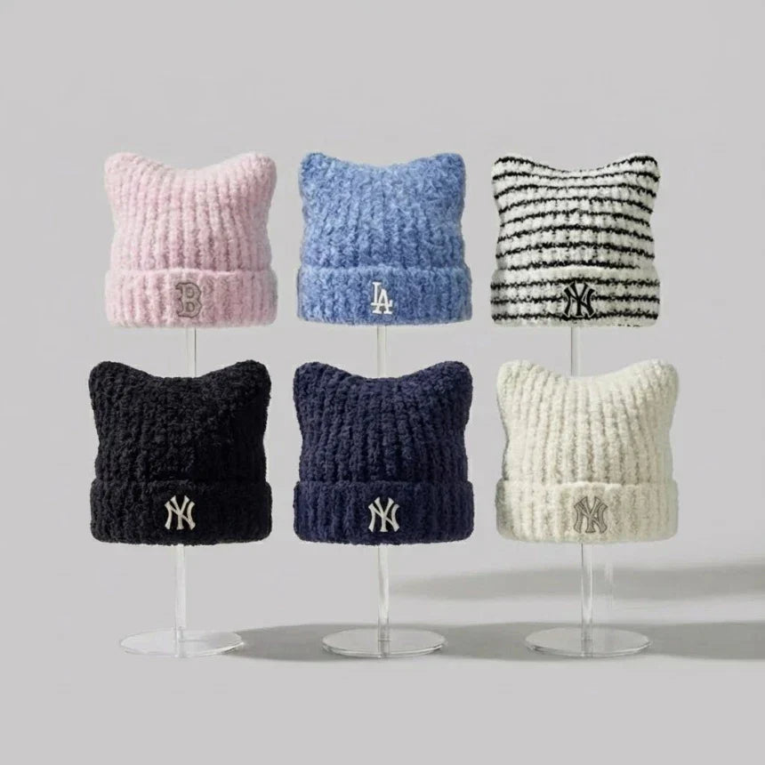 MLB Korea Plush Meow Beanie NY Yankees Black Cat Ear Hat Fuzzy Soft K-pop Y2K