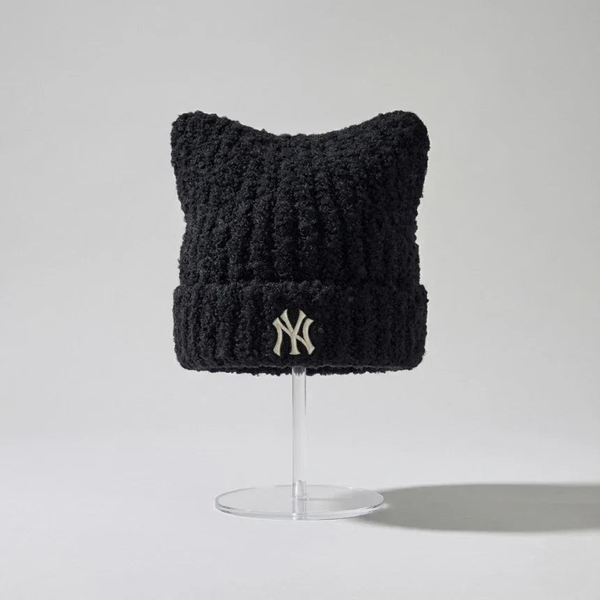MLB Korea Plush Meow Beanie NY Yankees Black Cat Ear Hat Fuzzy Soft K-pop Y2K