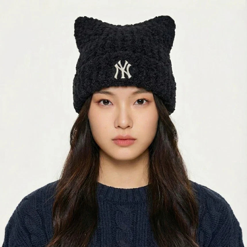MLB Korea Plush Meow Beanie NY Yankees Black Cat Ear Hat Fuzzy Soft K-pop Y2K