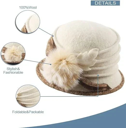 Women Felt Bucket Hat Vintage Floral Wool Dress Winter Hats