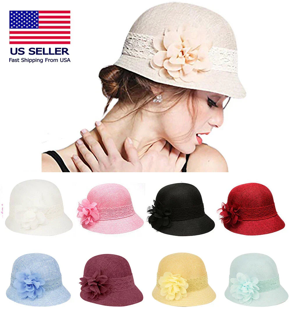 1920's Inspired Women's Gatsby Linen Cloche Hat With Lace Band and Flower