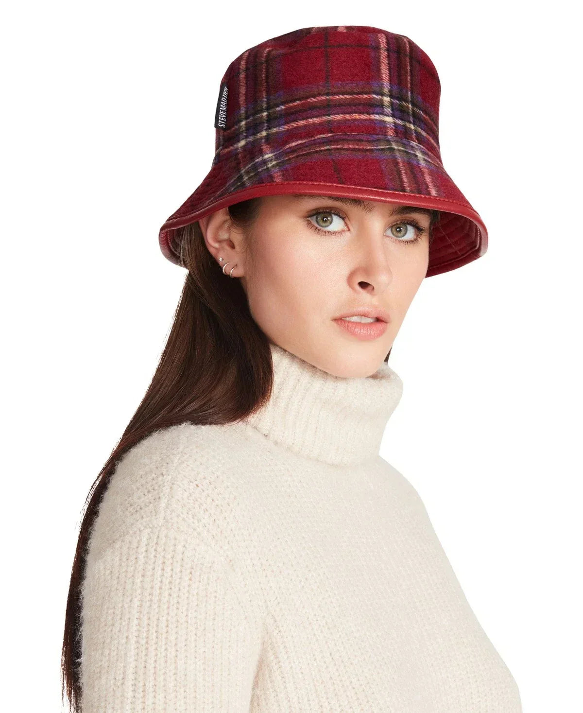 Steve Madden Wool Blend Reversible Plaid Bucket Hat Women's One Size Red~